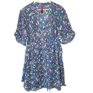 Pure Energy Tunic Top Womens Floral Pintuck Excellent Boho Short Sleeve 4X Blue